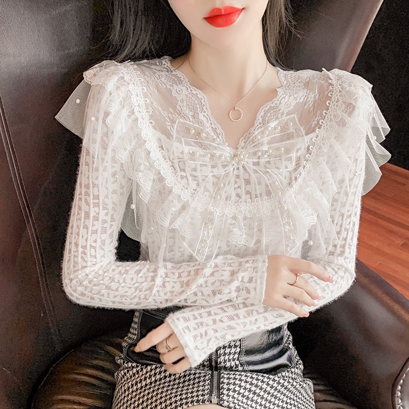 Áo Sơ Mi Ren Cắt Nơ Ôm Dáng Đính Hạt Ngọt Ngào Phong Cách Pháp Cho Nữ