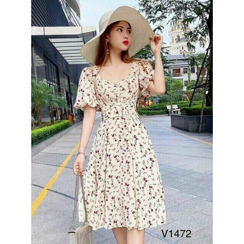 Váy hoa nhí mùa hè có tay-cổ vuông đơn giản eo kiểu đan chéo lên from chuẩn sang xịn đẹp-váy hoa dáng dài