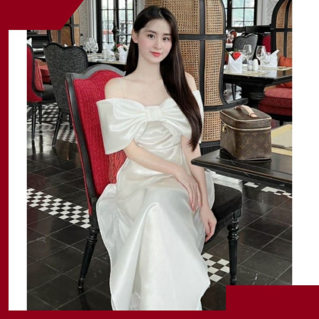 Áo dài trắng dự tiệc , Set áo dài cách tân trễ vai lụa satin cao cấp có size lớn thiết kế sang trọng.