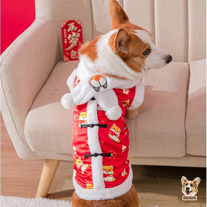 Áo Tết Cho Chó To - Áo Tết Cho Chó Corgi Có Kèm Khăn Cổ - Áo Cho Chó Mèo Mùa Đông Giữ Ấm