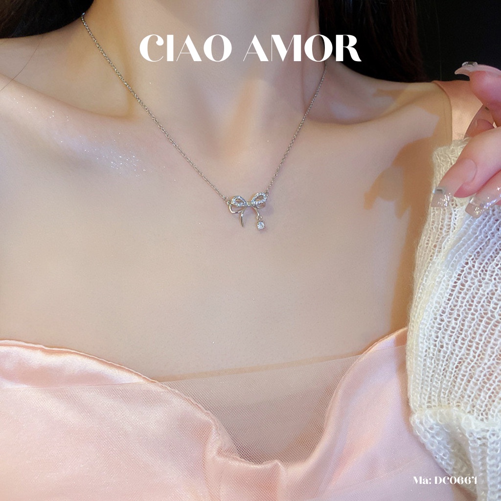 Sé dây chuyền nữ, Khuyên tai nữ nơ mảnh 2 lớp dễ thương Trang sức Ciao Amor - DC0664