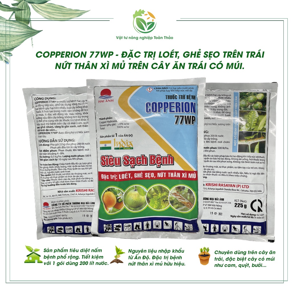Copperion 77WP dùng cây ăn trái, phòng trừ thán thư, đốm lá, thối trái, ghẻ trái. Gói 225 gram