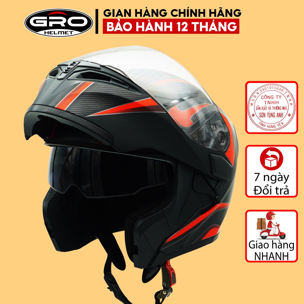Mũ Bảo Hiểm Fullface Lật hàm 2 kính GRO Helmet GT New, mũ phượt thiết kế khóa kim loại chắc chắn - Nhiều màu