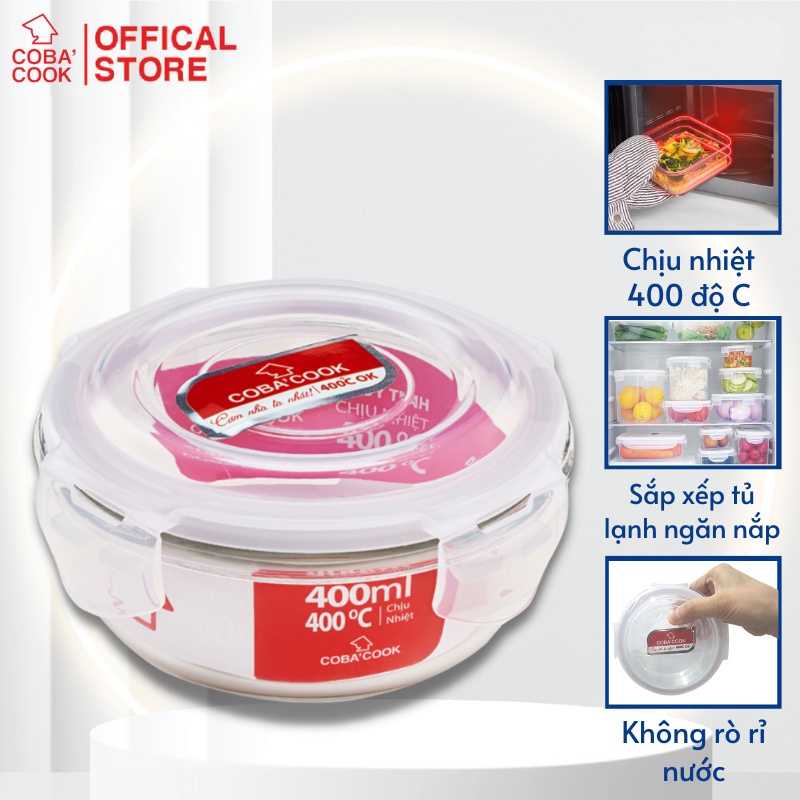 Hộp thủy tinh đựng thực phẩm chịu nhiệt COBA'COOK hình tròn dung tích 400ml- CBHR400