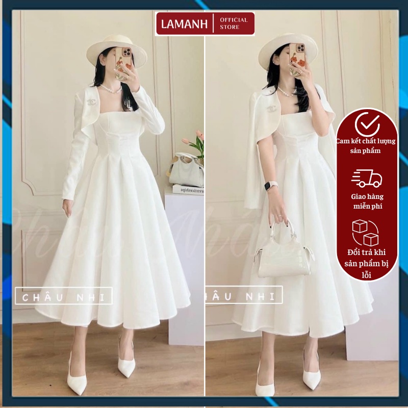 Sét váy trắng tafta dáng xoè LAMANH STORE Váy đầm nữ dự tiệc 2 dây chất tafta trắng kèm áo khoác ngoài ( có mút ngực)