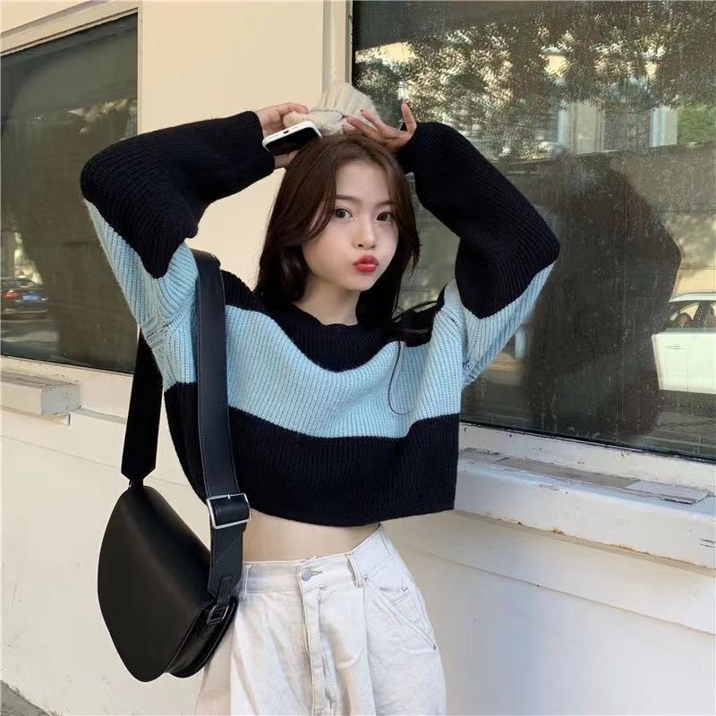 Áo Sweater Dệt Kim Dáng Rộng Ngắn Kẻ Sọc Màu Sắc Tương Phản Kiểu Vintage Nhật Bản