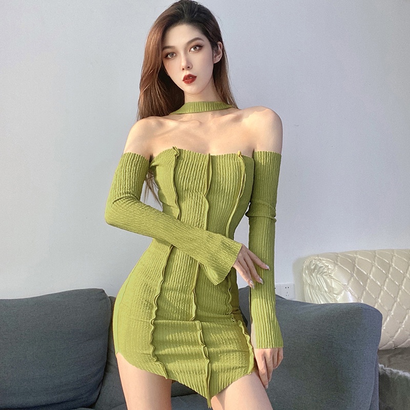 PunkyRabbit Đầm Màu Nguyên Chất Lệch Vai Thiết Kế Cao Cấp Mỏng Thoải Mái Erogenous Phong Cách Polyester Nữ Mùa Thu Hẹn Hò