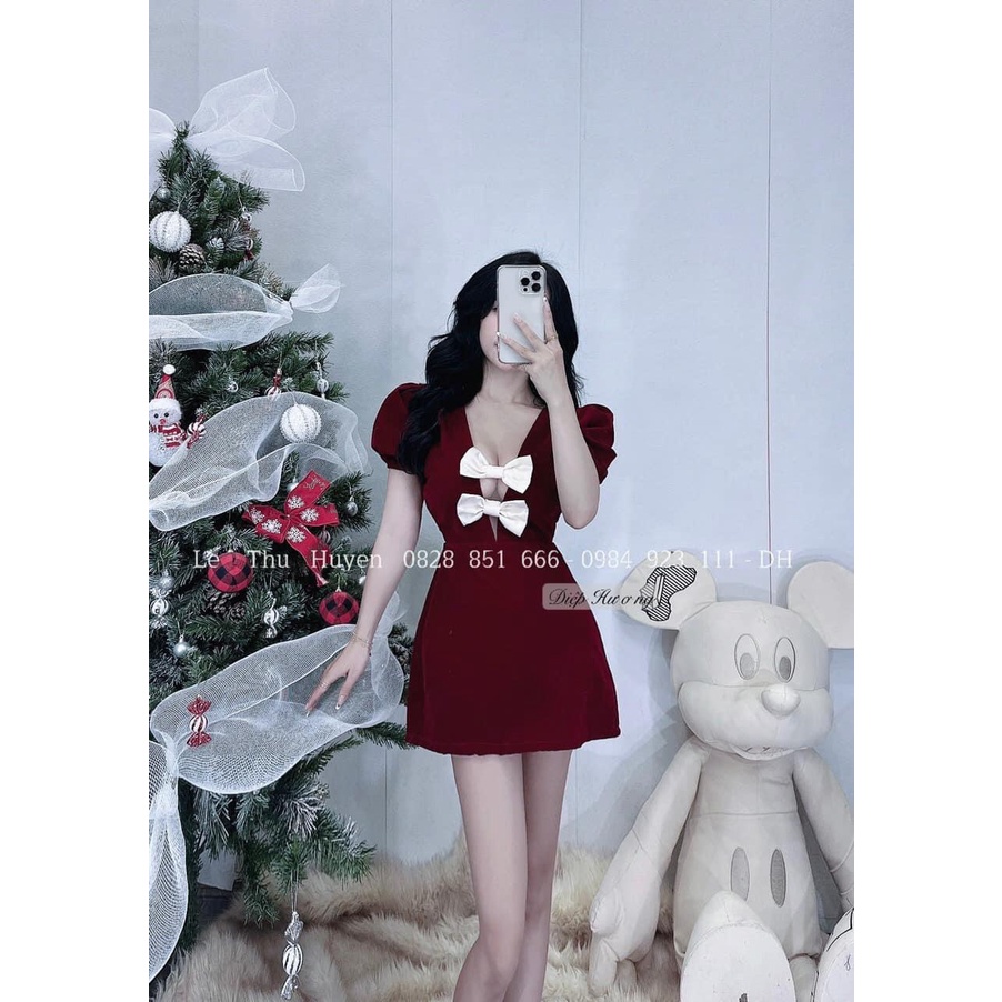 Đầm tiểu thư dáng dài đi chơi, đầm dự tiệc thiết kế sexy khoét ngực mix nơ kèm tay phồng cực đẹp, có mút có lót quần