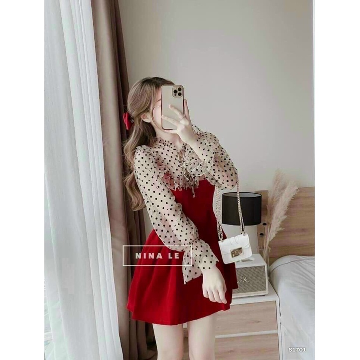 [12.12 Sales Freeship] Đầm tiểu thư nữ màu đỏ phối lưới chấm bi, đầm xòe cổ bèo tay lưới ôm eo dàng ngắn dễ thương mtb
