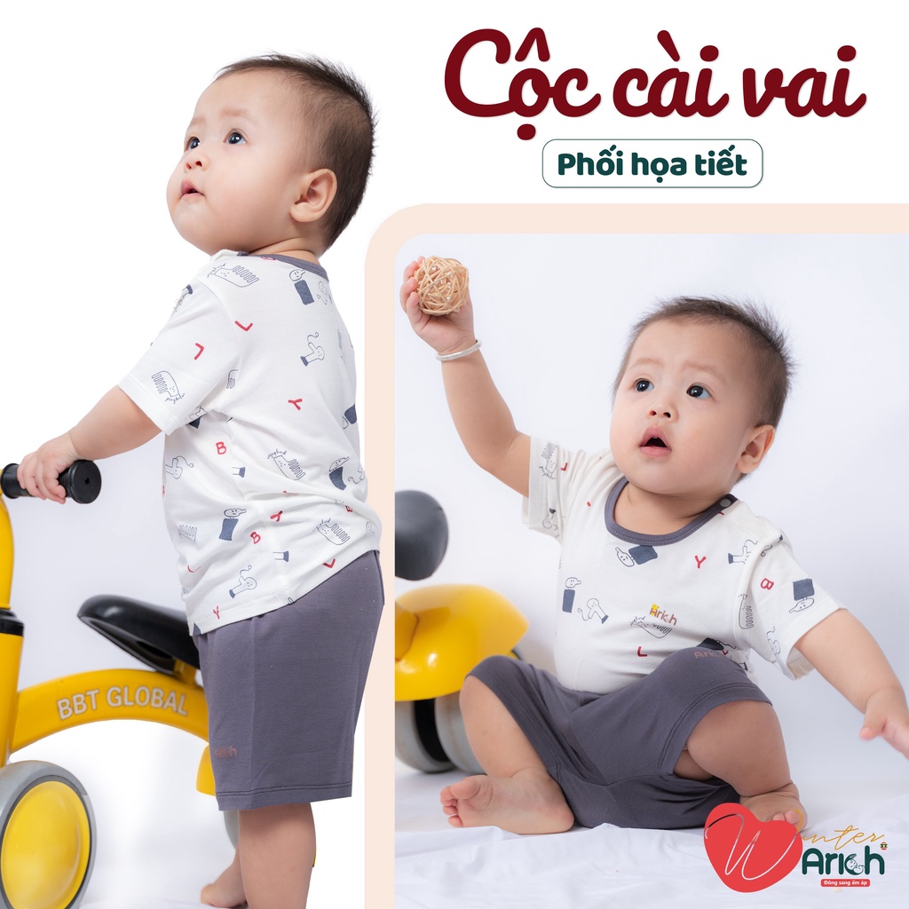 Bộ quần áo cộc tay cài vai phối họa tiết Arich cho bé trai và bé gái từ 6m-18m