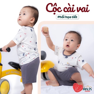 Bộ quần áo cộc tay cài vai phối họa tiết Arich cho bé trai và bé gái từ 6m