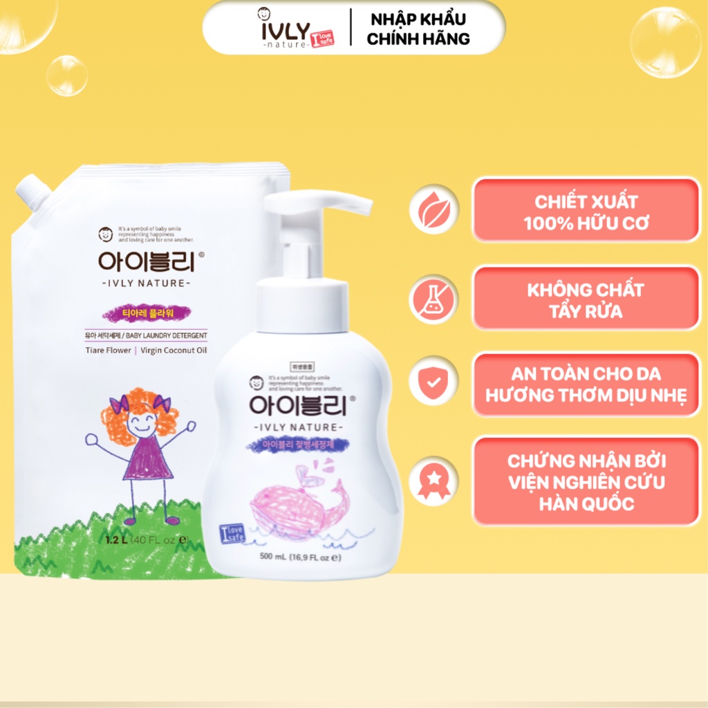 Combo nước giặt hương Tiare và nước rửa bình sữa hữu cơ cho bé IVLY NATURE Hàn Quốc dung tích 500ml dạng bọt