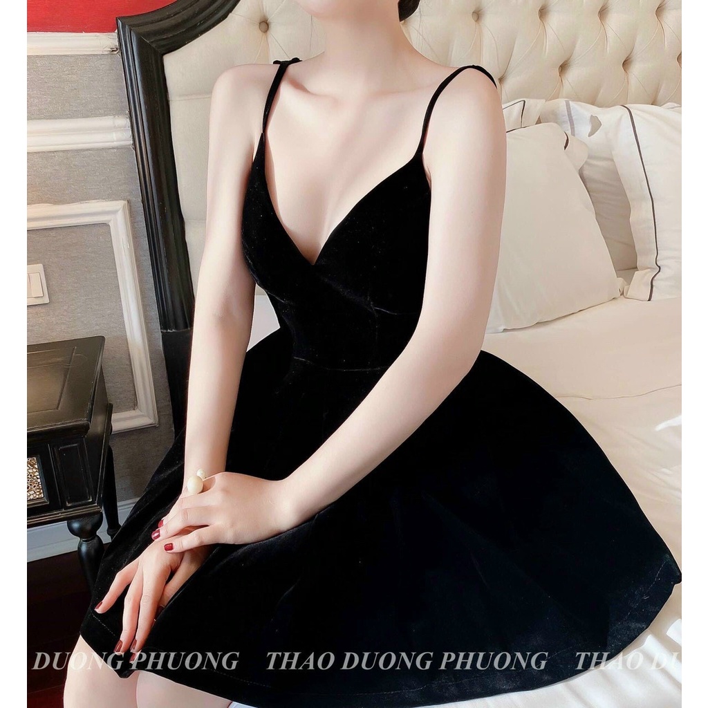 Đầm Váy Nhung Xòe Nơ Lưng Đính Đá Hai Chuỗi Cườm Có Mút Đi Tiệc Đi Chơi