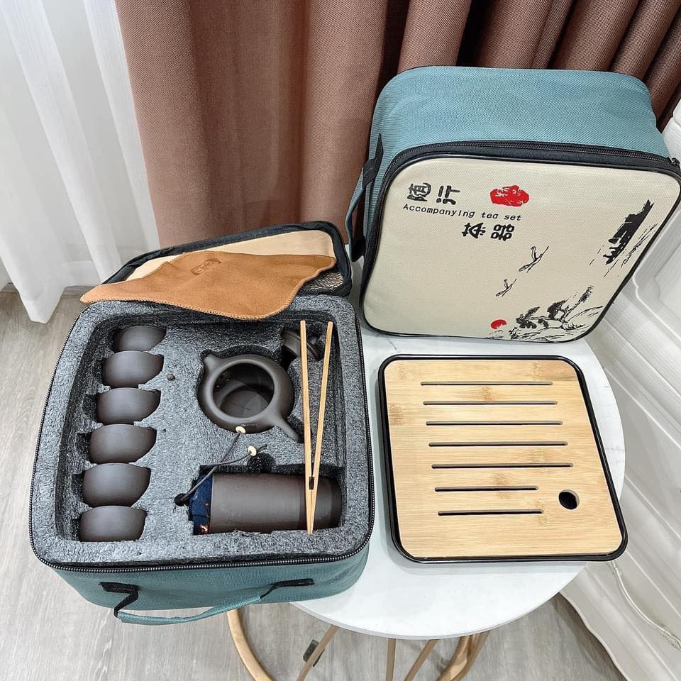 Bộ Ấm Chén Uống Trà Tử Sa 6 Chén, 12 Món, Bộ Ấm Chén Trà Đạo Sứ Thanh Kèm Túi Đựng Xách Tay Dùng Làm Quà Tặng