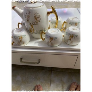  Ảnh chụp thật Bộ ấm chén sứ trắng Hươu viền vàng RB-3  kèm khay  