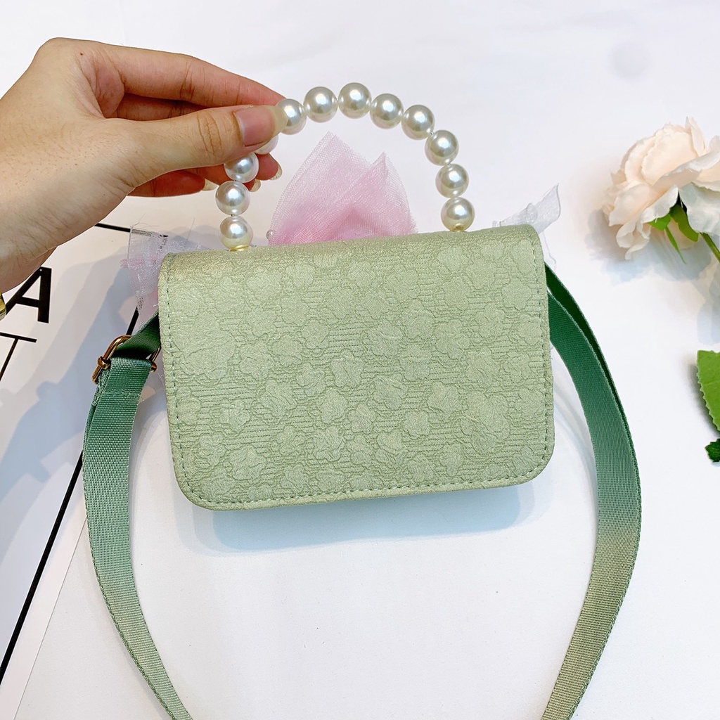 Túi cho bé gái đeo chéo mini, túi xách trẻ em thời trang phối nơ lưới đi chơi