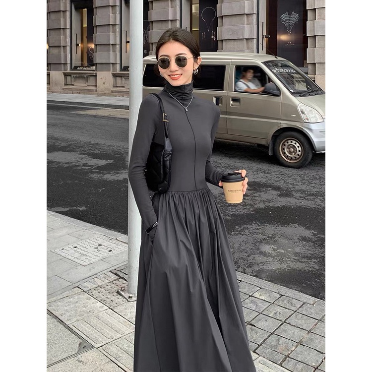 Váy Thun Dáng Dài Cao Cổ Có Đường Gân, Váy Công Sở Thu Đông - Ellie Dress