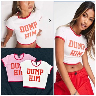 Áo croptop ôm thun cotton 2 màu viền đỏ in chữ DUMP HIM