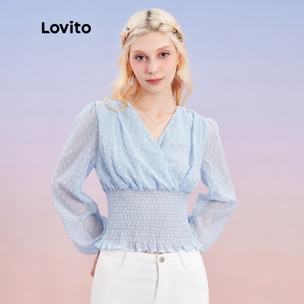 Áo kiểu Lovito thiết kế eo co giãn cổ chữ V hai lớn vải voan jacquard họa tiết chấm bi L30AD069 (màu xanh dương)