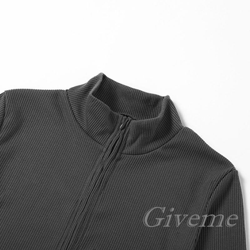 Áo Thun Lửng Tay Dài Cổ Cao Có Khóa Kéo Màu Trơn Thời Trang Cho Nữ