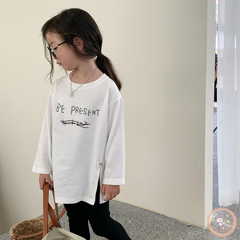 Áo Thun Dài Tay Cổ Tròn In Chữ Cho Bé Gái