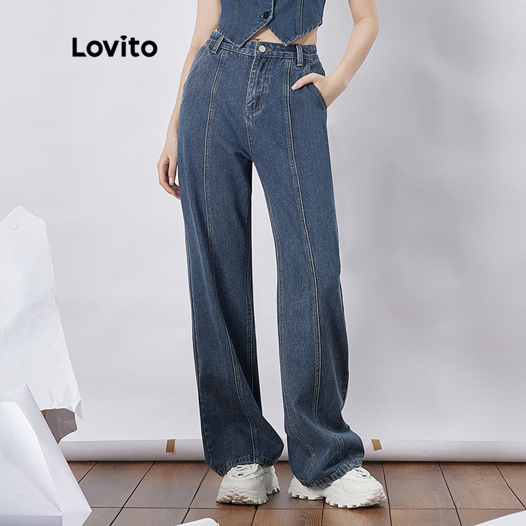 Quần jean denim Lovito có túi đệm phong cách bạn trai cho nữ L36AD034 (màu xanh lam)