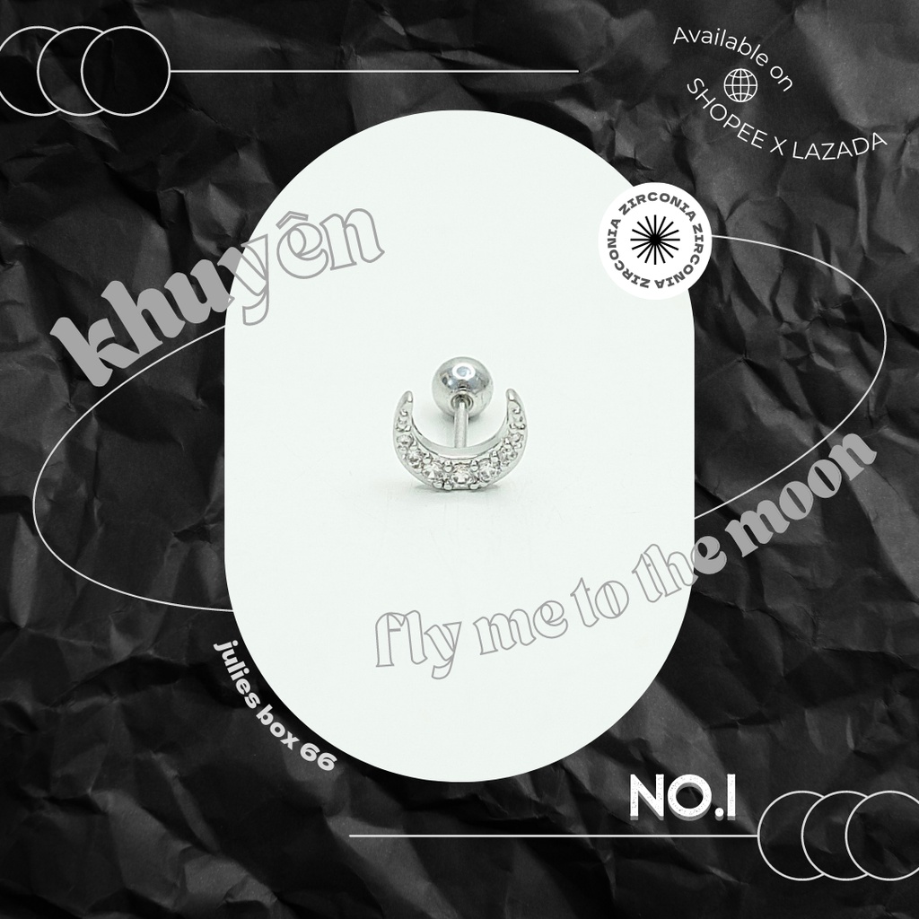 [1 Chiếc] Khuyên Tai Titan Moon No.1 Đính Đá Màu Bạc Không Gỉ Sét Không Ngứa Bông Tai Unisex Julies Box 66