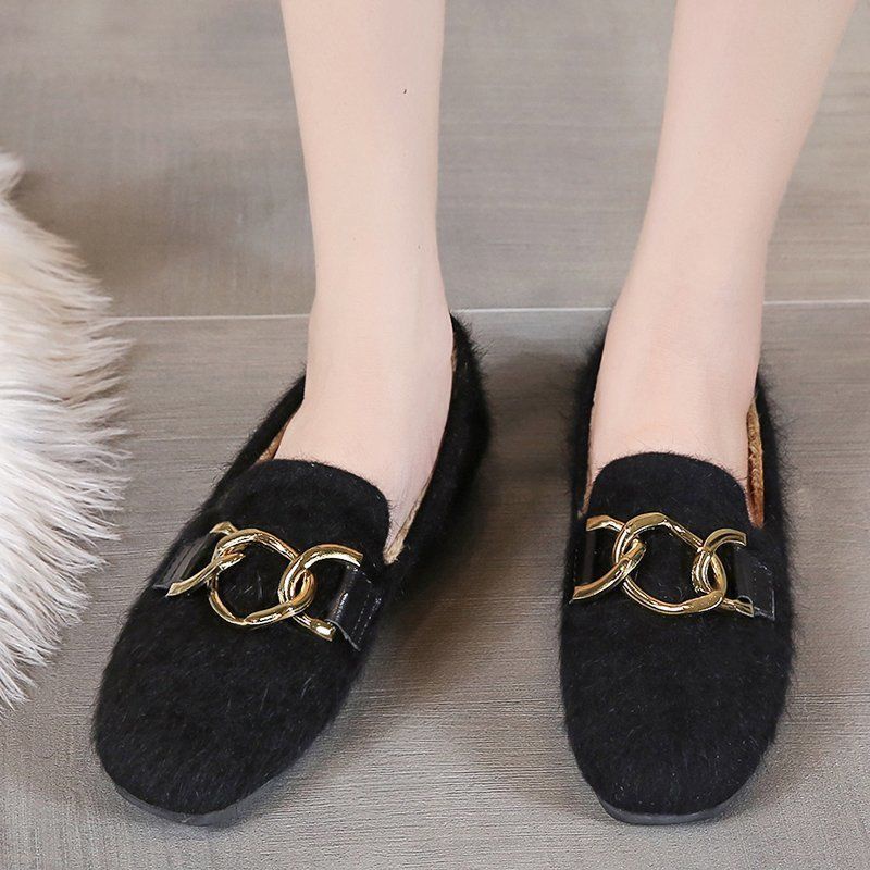 Giày lông cho nữ đi ra ngoài mùa đông giày bà vú xỏ chân đế bằng dễ phối mùa thu mẫu mới 2021 giày đậu phụ nữ mùa đông lót nhung