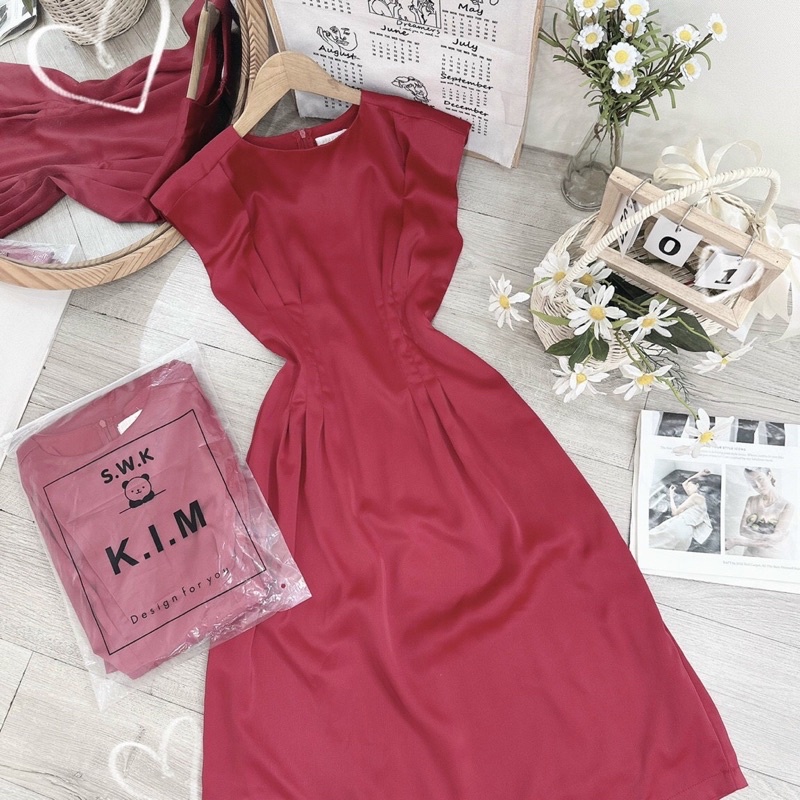 Đầm midi đỏ cổ tròn ,váy nữ form dài diện đi chơi tết đi tiệc đi àm bao xinh tươi