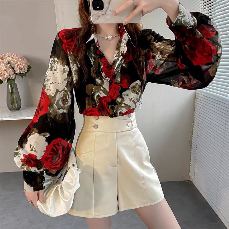Áo Sơ Mi Chiffon Tay Dài Phồng In Họa Tiết Phong Cách Hong Kong Cổ Điển Thời Trang Mùa Hè Cho Nữ