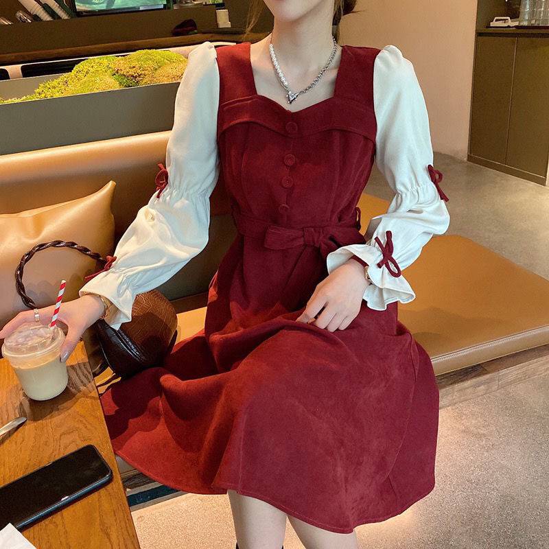 🎀váy babydoll váy dài tay thu đông váy mùa đông cho nữ set váy nữ váy xinh Đầm Nhung Tay Phồng Dáng Dài Vừa Thời Trang Mùa Thu 2021 Phong Cách Pháp Cổ Điển Dành Cho Bạn Nữ