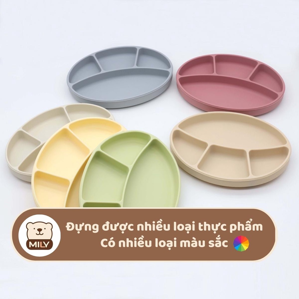 Khay ăn dặm chính hãng Mily 4 ngăn hình oval chất liệu silicone chống đổ.