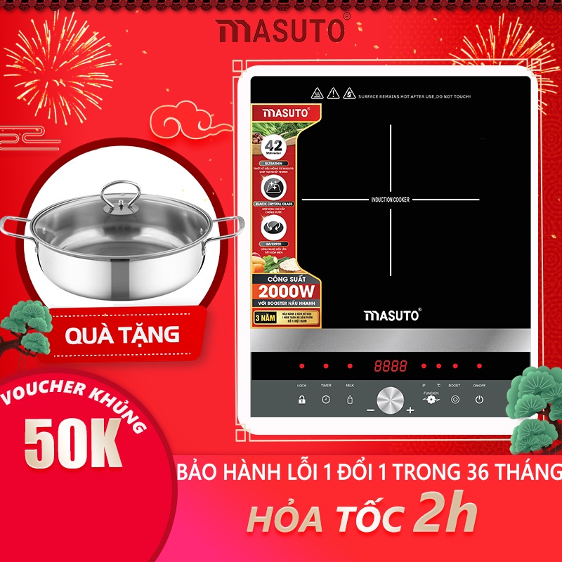 Bếp Điện Từ Đơn Cảm Ứng Masuto Kính Cường Lực Siêu Bền Nấu Đa Năng An Toàn Bảo Hành 36 Tháng Tặng Nồi Lẩu Inox