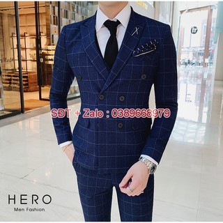 Bộ vest nam cao cấp 6 cúc kẻ caro màu xanh, suit nam hàn quốc kẻ caro