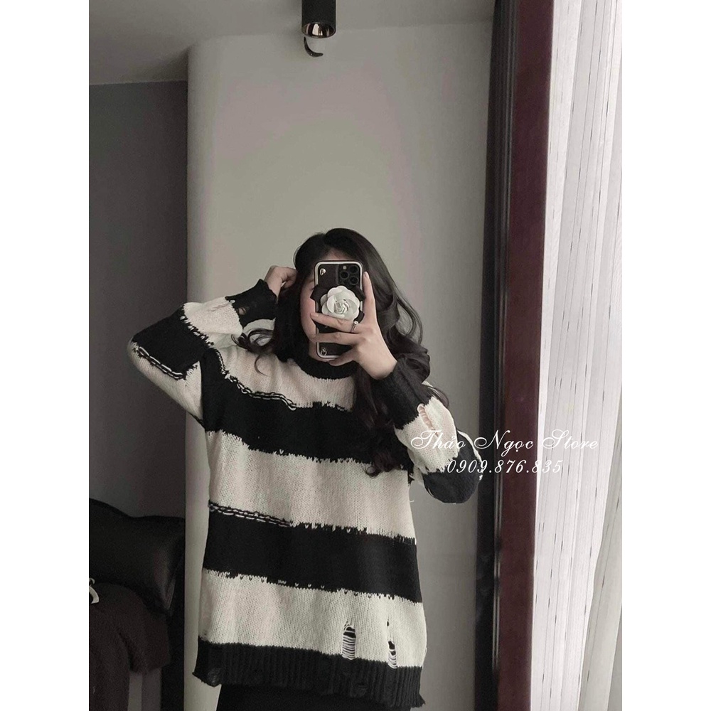 Áo len nữ tay dài sọc rách form rộng hàng nhập QC!  THẢO NGỌC STORE