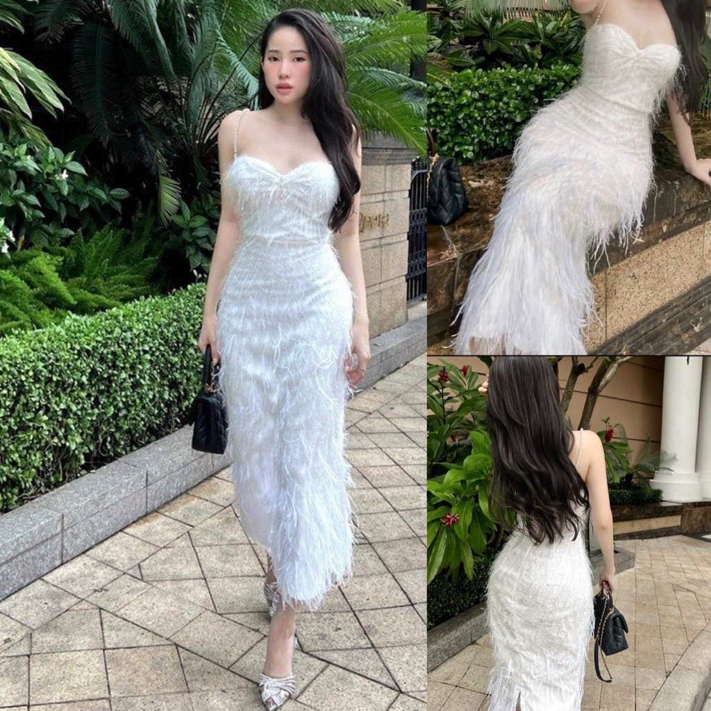 Đầm Váy Nữ Chất Vải Lông Vũ Ôm Body 2 Dây Kết Cườm ( Có Mút Ngực ) Thiết Kế Sang Chảnh Đi Làm Công Sở, Dạ Hội Và Du Lịch