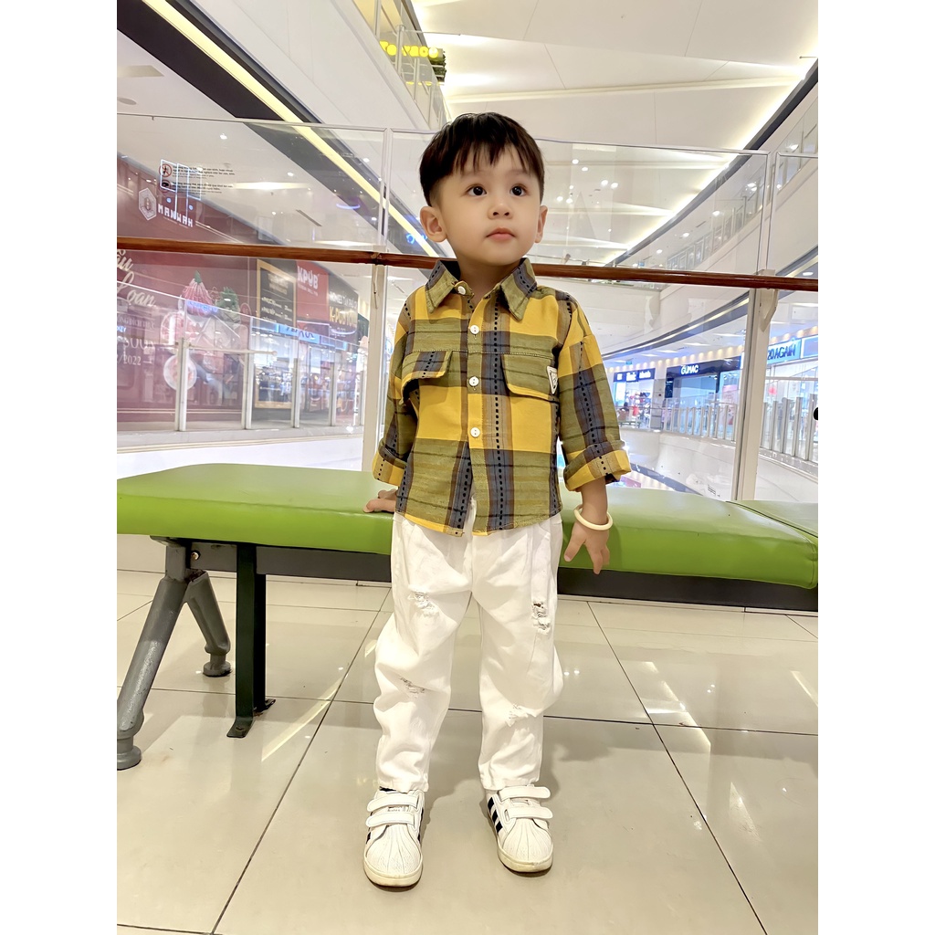 Bộ Quần Áo Sơ Mi Yellow Kẻ Sọc Phối Quần Kaki Thun Cực Xịn Cho Bé