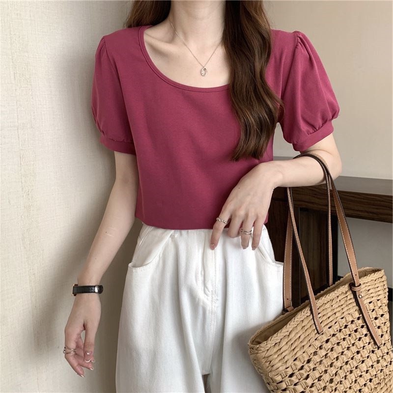 IELGY IELGY Áo Thun Tay Ngắn Cổ Tròn Ôm Dáng Phong Cách Pháp Thời Trang Cho Nữ