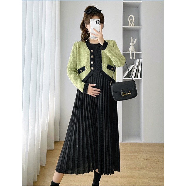 Set váy đầm bầu len kèm áo khoác xanh cao cấp phong cách mới lạ, sang trọng cá tính cho mẹ bầu thu đông