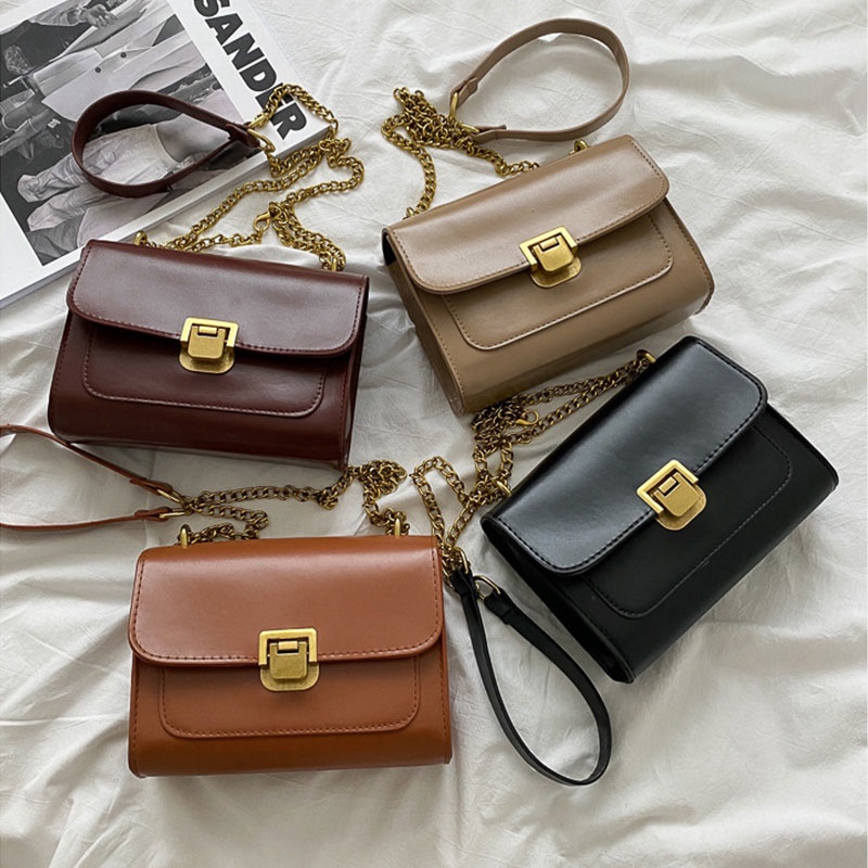 Mischa Túi Xách Da PU Đeo Vai Màu Trơn Phối Dây Xích Thời Trang Cao Cấp