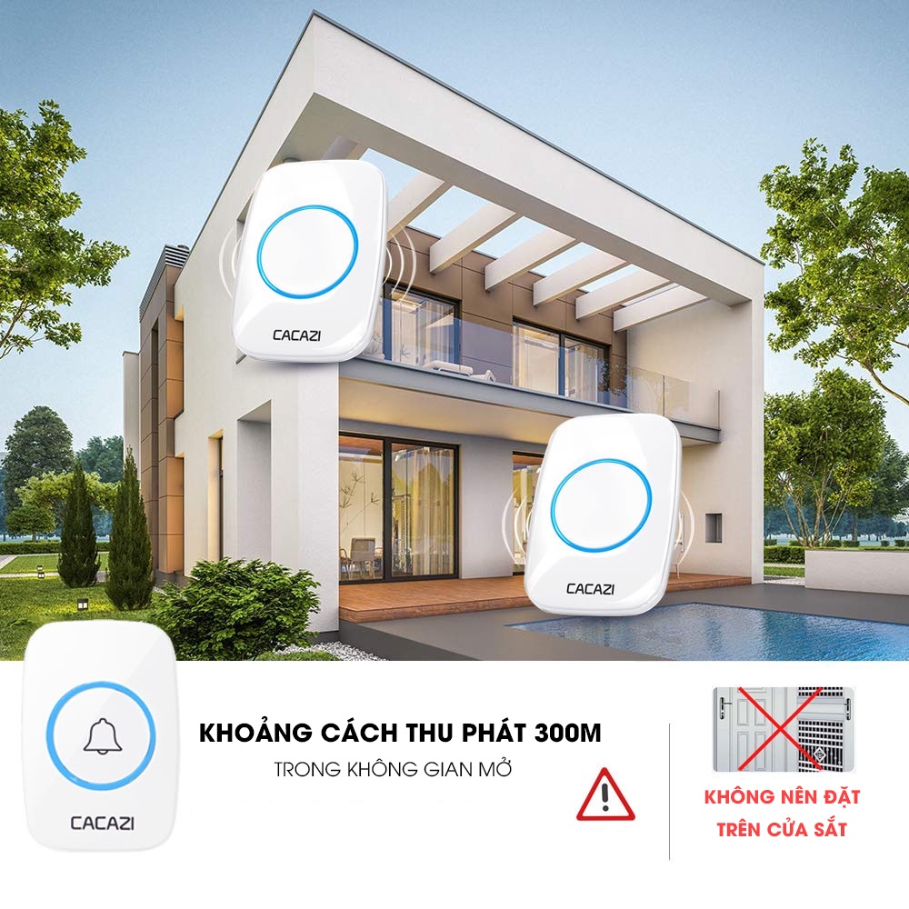 Chuông cửa không dây thông minh CACAZI A10, chống nước khoảng cách sử dụng trong 300M, 60 loại nhạc, 1 nút 2 chuông