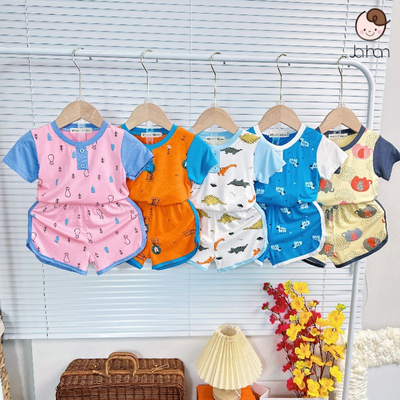 Bộ Ngắn Tay Bé Trai Bé Gái Cổ Trụ Phối Tay In Hoạ Tiết Đáng Yêu, Chất Thun Lạnh Mềm Mịn - TN2202