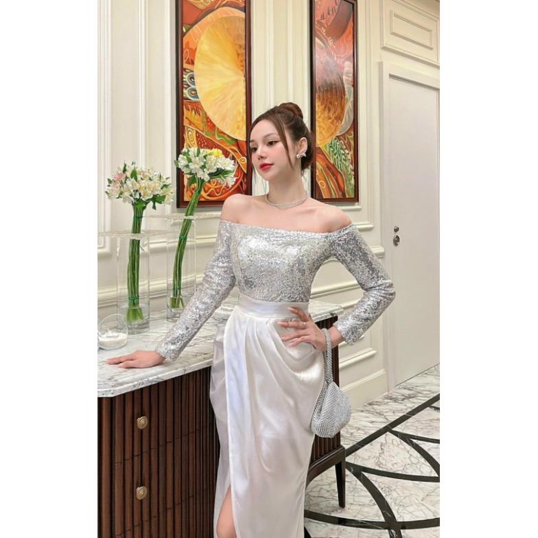 Đầm dạ hội phối kim sa dự tiệc sang chảnh - Mua váy dạ hội trễ vai đẹp