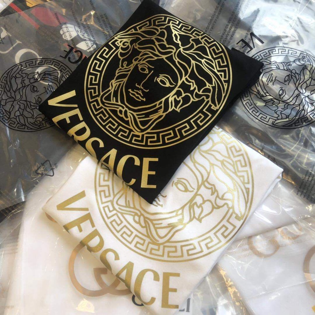 Áo Thun Cotton Cổ Tròn Ngắn Tay In Nhãn Versace / label / 2 Thời Trang Unisex