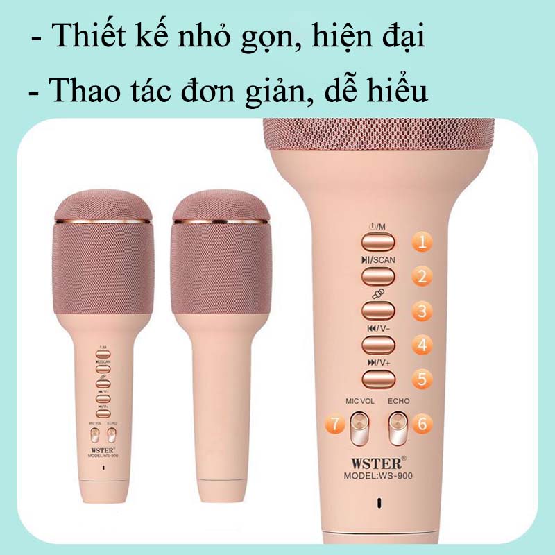 Mic Karaoke Kiêm Loa Bluetooth Không Dây WS-900 Cao Cấp, Micro Hát Karaoke Mini Không Dây Cầm Tay Nâng Giọng Cực Chất