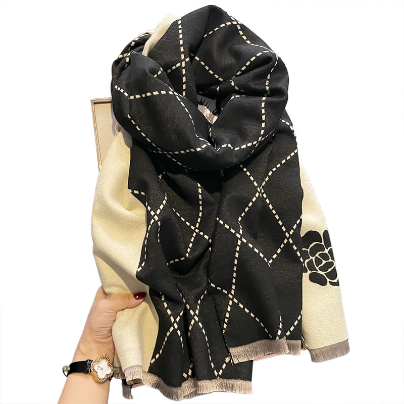 Khăn Choàng Cổ Mùa Đông Chất Liệu Cashmere Dày Dặn Họa Tiết Hoa Trà Cao Cấp Phong Cách Mới