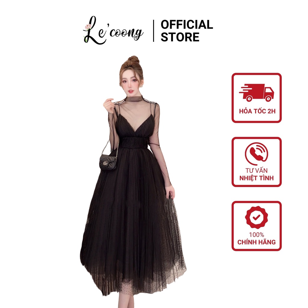 Đầm Ren Đen Chấm Bi LECOONG V275 Thiết Kế Dự Tiệc Ren Bồng Chất Tơ Cứng