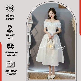 Đầm nữ trễ vai dáng xòe có mút ngực, váy mindi dự tiệc sang chảnh siêu xinh - 1001