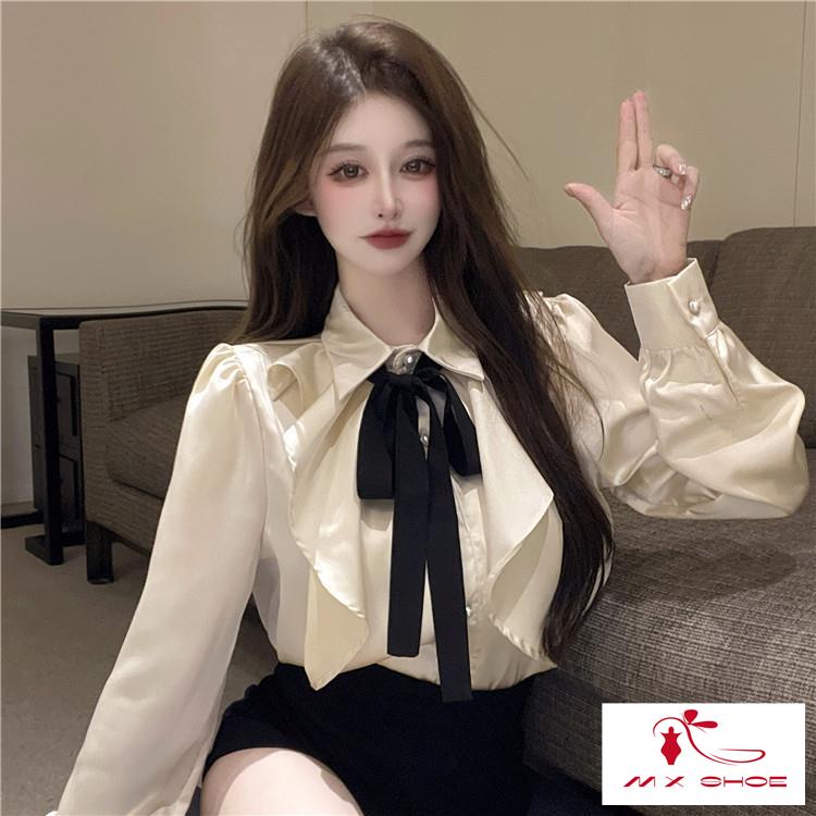 Áo Sơ Mi Dài Tay Phối Nơ Kiểu Pháp Sang Trọng Cho Nữ