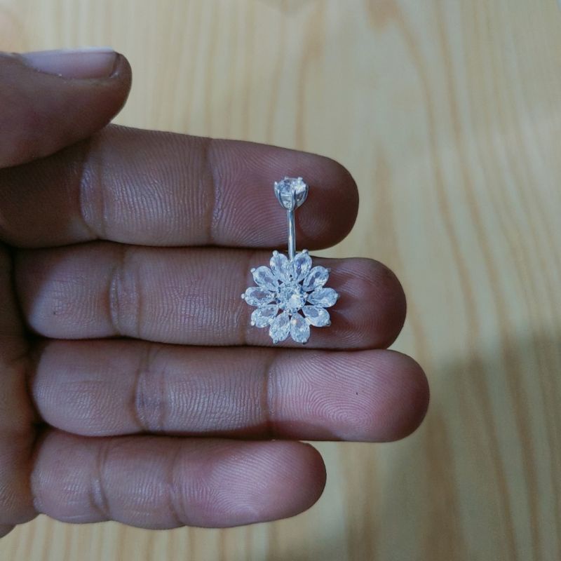 Khuyên rốn bạc chuẩn đính đá hoa lấp lánh